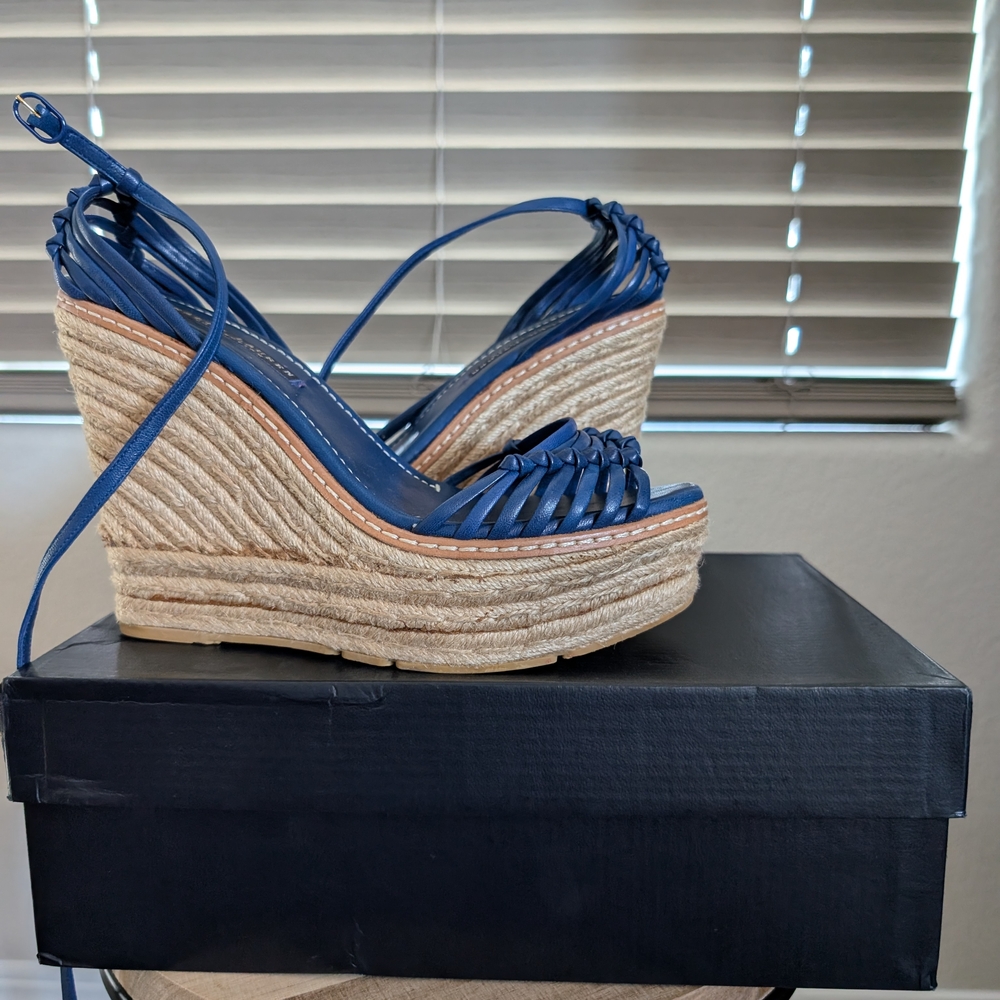 Ralph Lauren Fia Island Blu Nappa Espadrille Wedge Sandals 8